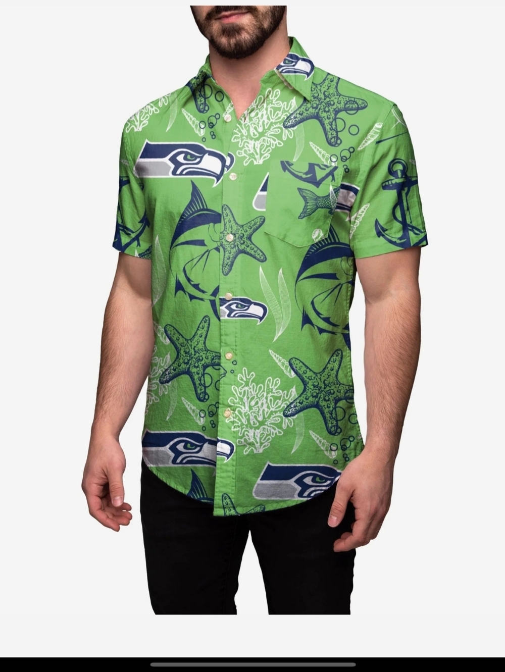 NFL Seattle Sea Hawks Hawaiian Floral Graphic Short Sleeve Button Down Shirt XL